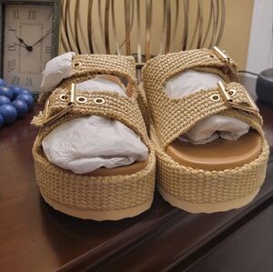 Steve Madden Shoes Karrigan Natural Raffia Buckle Slide Sandals